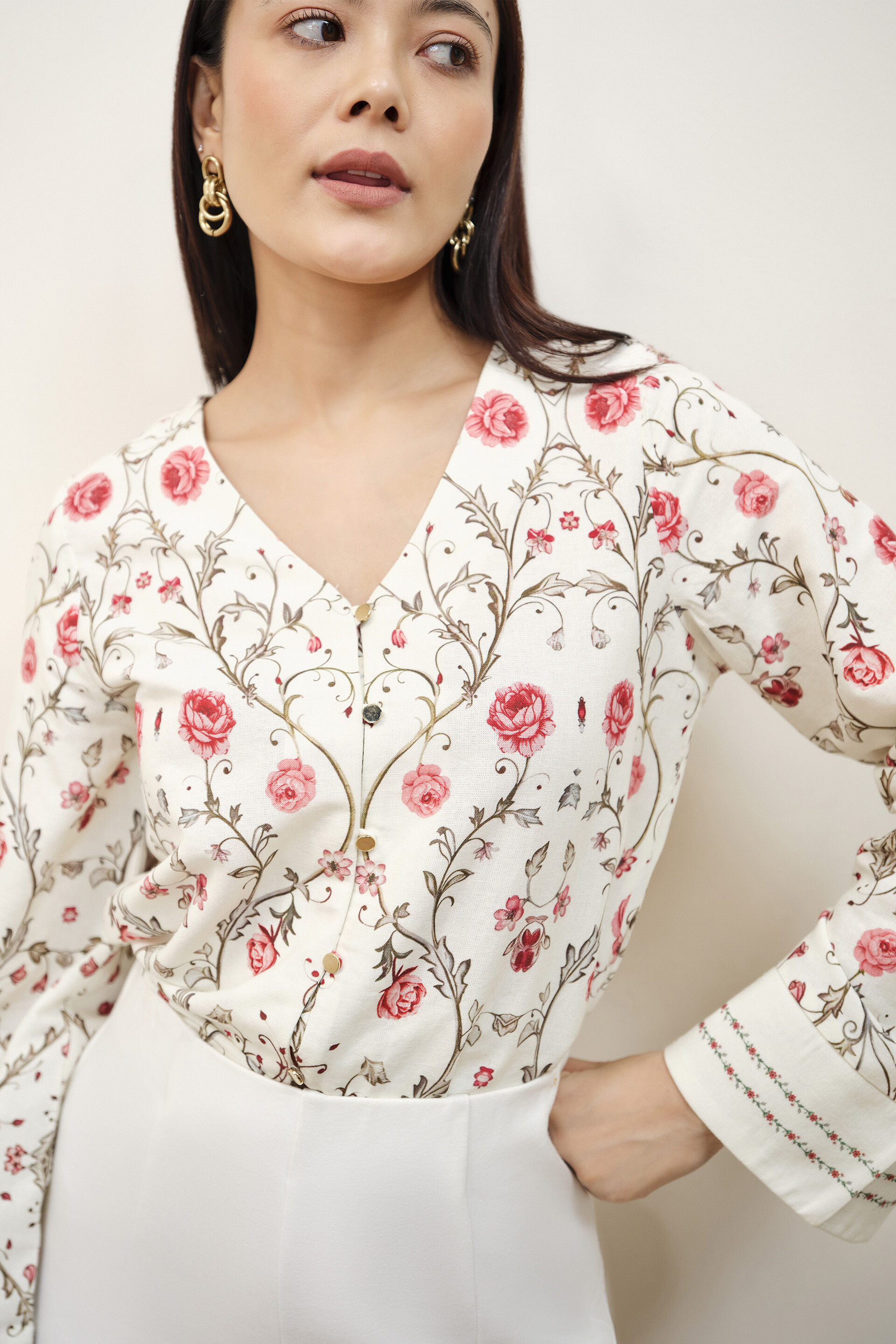 Cream Floral Printed Top, White, image 2